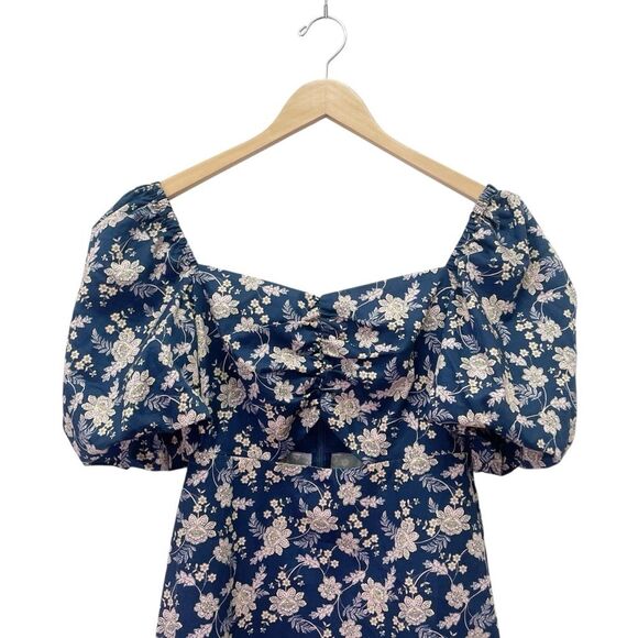 Boden Navy Floral Chintz Bloom Puff Sleeve Cut Out Mini Dress Cotton Size US 4 - Picture 7 of 11
